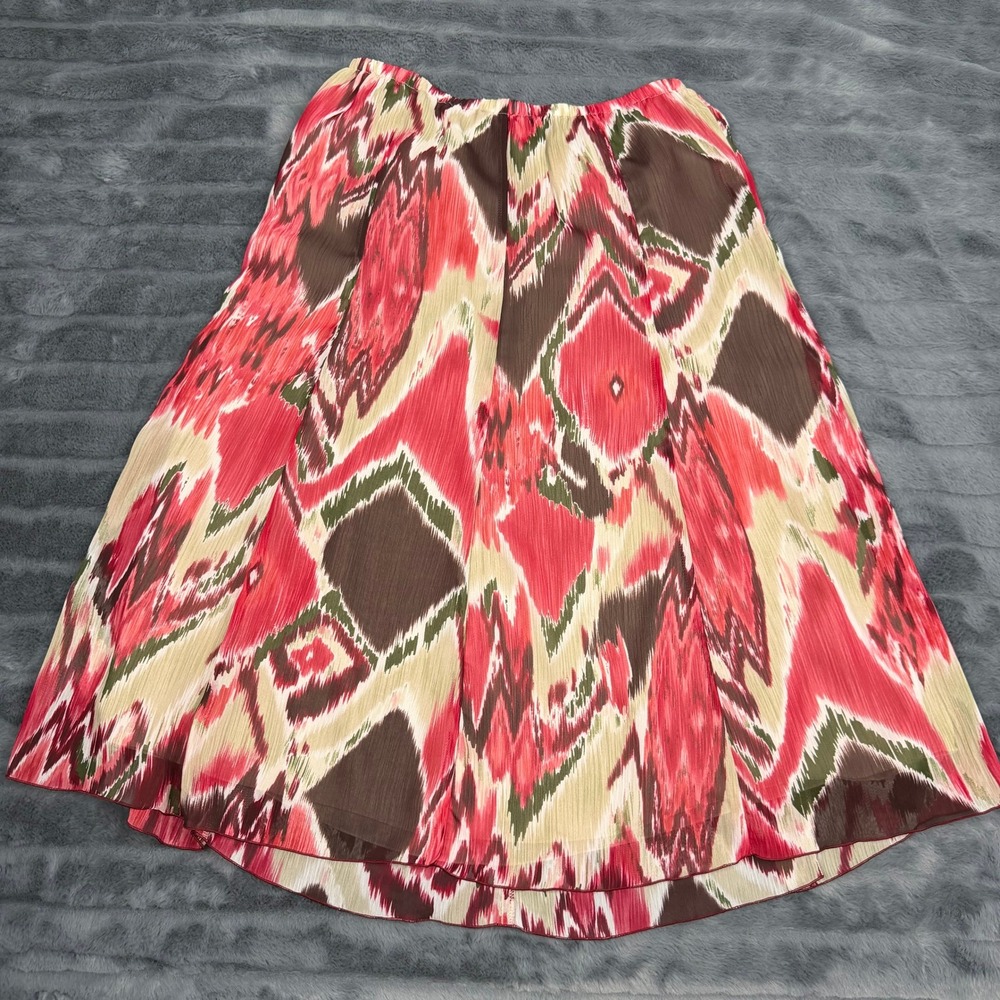 Chicos Red Brown Ikat Geometric Pleated Midi Skirt Size 1 Elastic Waist Chiffon